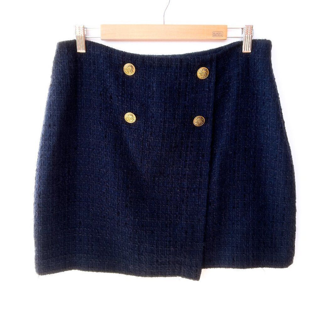Ann Taylor LOFT Navy Blue Tweed Gold Crest Buttons Asymmetrical Flap Skirt 12P
